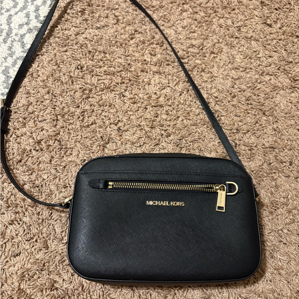Black Crossbody Bag with Textured Leather and Gold Hardware